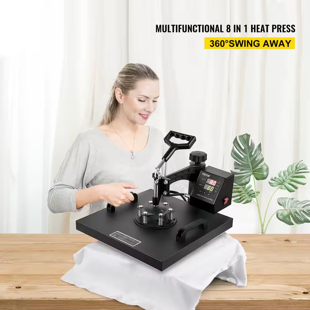 15 In. L X 15 In. W Heat Press Machine 8 in 1 Dual LED Display 360° Rotation Swing Away T-Shirt Press Machine, Black