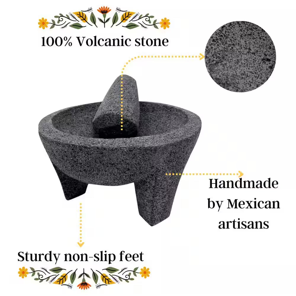 7-Inch Gray Lava Stone Mortar and Pestle Set for Crushing and Grinding Spices with Easy-to-Follow Instruction Card