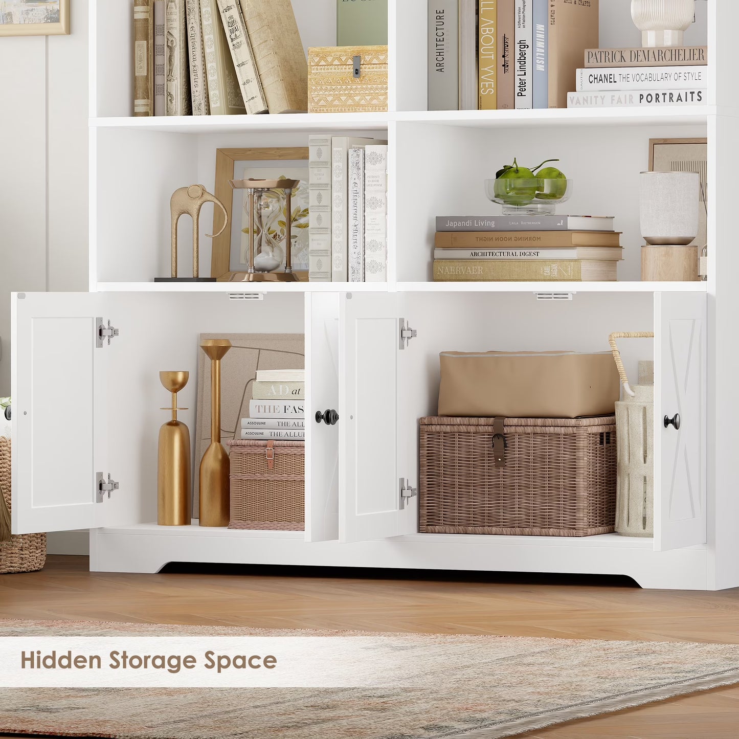 78"H X 47"W Bookcase with Doors, Tall Bookshelves with Storage, 5-Tier Shelves Freestanding Display Bookcase for Home Office and Living Room, White