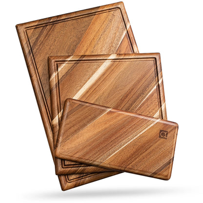 Chorus Acacia Wood Cutting Board Set with Juice Groove - 3-Piece Natural Hardwood Kitchen Chopping Boards for Meat, Vegetables, and Cheese
