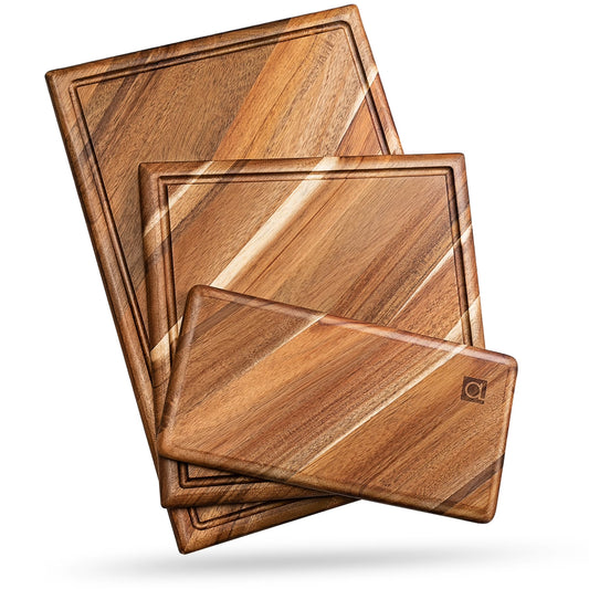 Chorus Acacia Wood Cutting Board Set with Juice Groove - 3-Piece Natural Hardwood Kitchen Chopping Boards for Meat, Vegetables, and Cheese