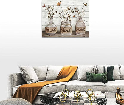Farmhouse Bathroom Decor Wall Art Rustic Cotton Bathroom Pictures Canvas Print Country Bathroom Relax Soak Unwind Sign Artwork Modern Home Decor for Bathroom Framed Ready to Hang 12"X16"