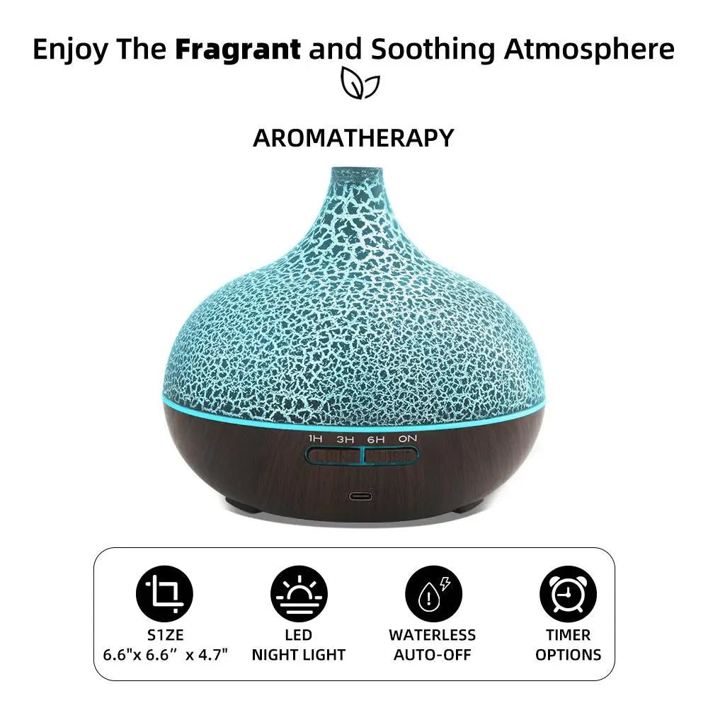 550ml Ultrasonic Essential Oil Diffuser and Humidifier with Wood Grain Finish, Remote Control, LED Flame Night Light, and Timer Function