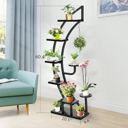 6-Tier 9 Potted Steel-Wood Curved Plant Stand with Hanger in Black