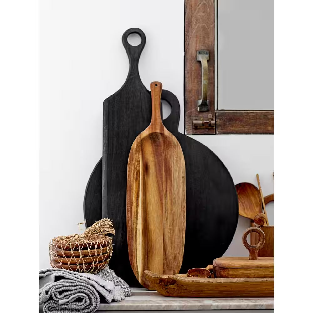 18.75-Inch Black Round Acacia Wood Cheese and Cutting Board with Circular Handle