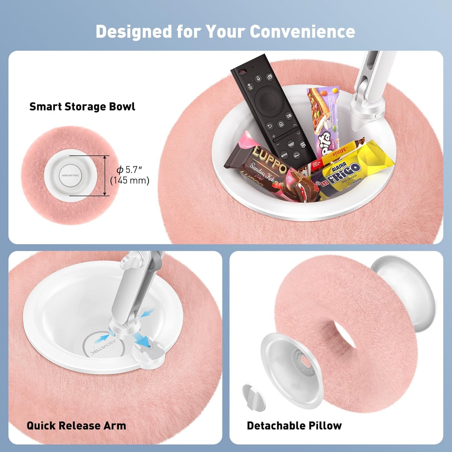 Kindle Pillow Stand, Magnetic Ipad Holder for Bed with Snack Bowl, 360° Adjustable Soft Tablet Lap Pillow for Reading, Compatible with Kindle, Tablet, Phone, Ideal Cozy Gift for Family(Pink)