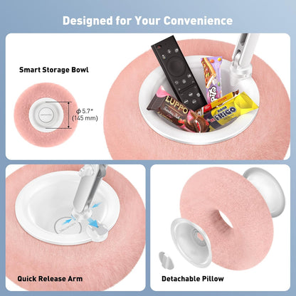 Kindle Pillow Stand, Magnetic Ipad Holder for Bed with Snack Bowl, 360° Adjustable Soft Tablet Lap Pillow for Reading, Compatible with Kindle, Tablet, Phone, Ideal Cozy Gift for Family(Pink)