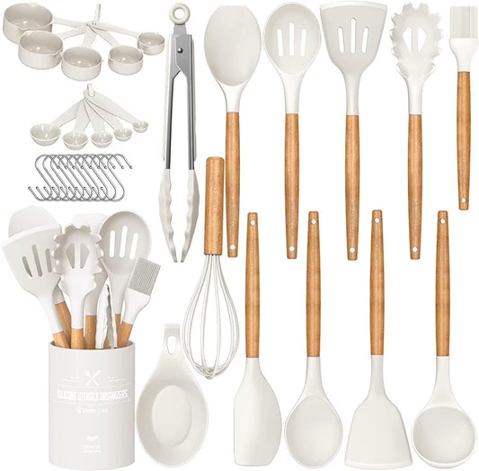 33-Piece Non-Stick Silicone Kitchen Utensil Set with Wooden Handles and Holder (Cream White)
