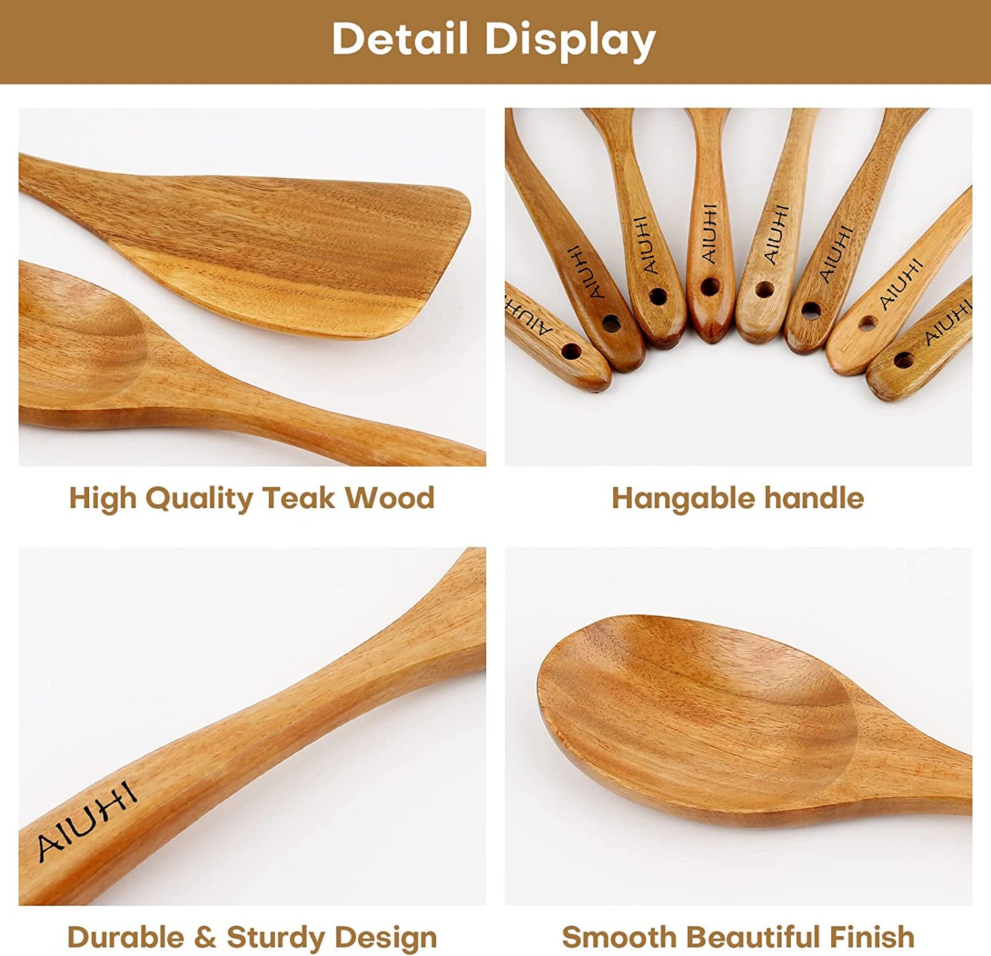 Teak Wooden Cooking Utensil Set - 8-Piece Nonstick, Non-Scratch Kitchen Spoons