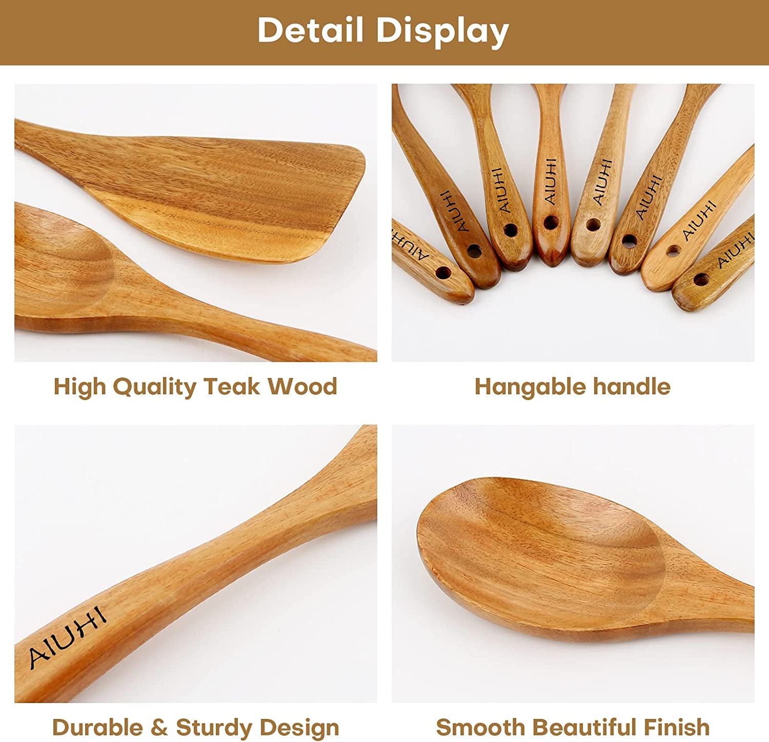Teak Wooden Cooking Utensil Set - 8-Piece Nonstick, Non-Scratch Kitchen Spoons