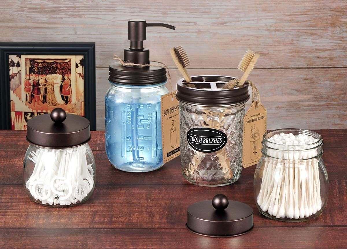 Mason Jar Bathroom Accessories Set (4 Pcs) - Lotion Soap Dispenser & 2 Cotton Swab Holder & Toothbrush Holder-Rustic Farmhouse Decor, Countertop Vanity Organize, Bathroom Home Decor (Bronze)