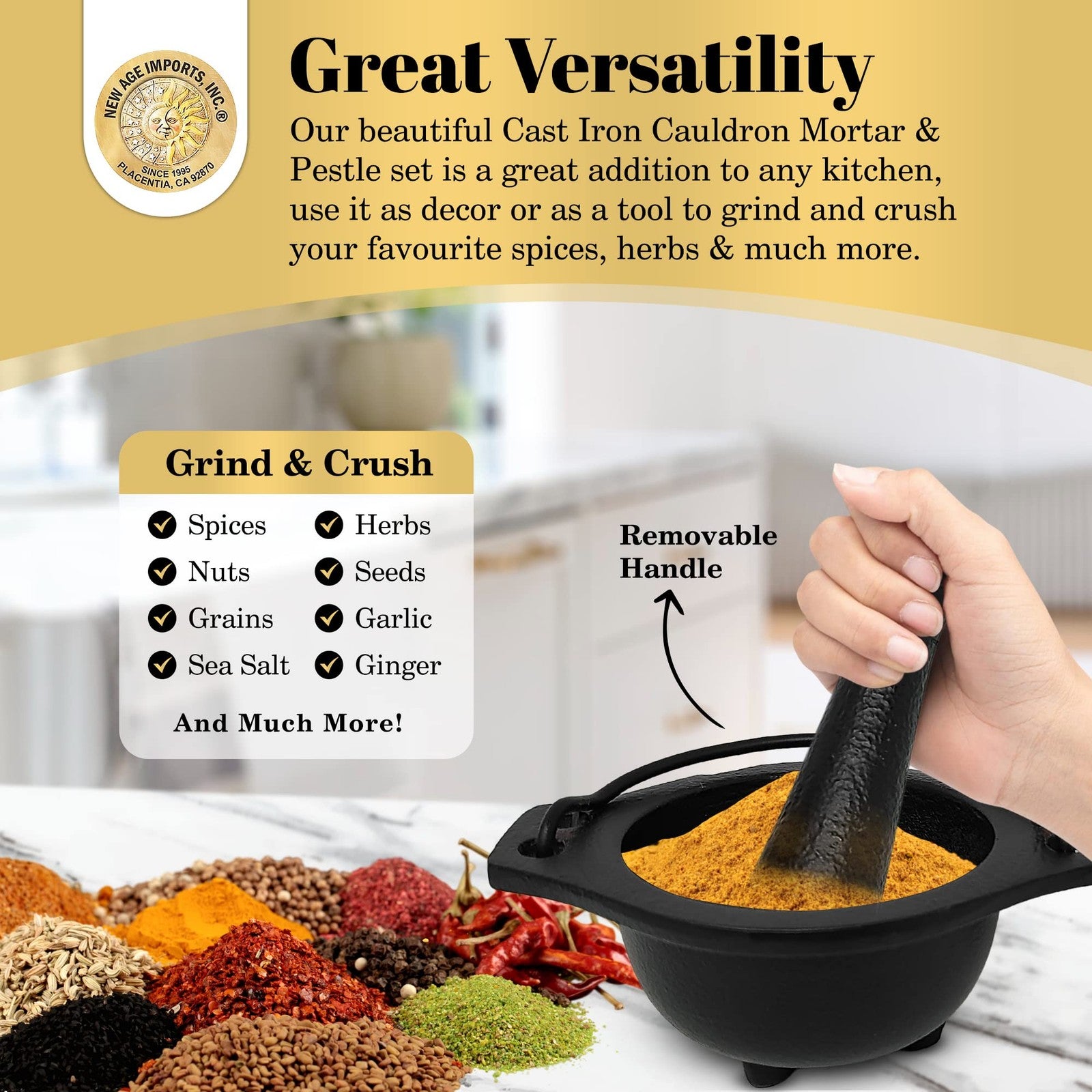 Cast Iron Mortar and Pestle Set in Cauldron Design
