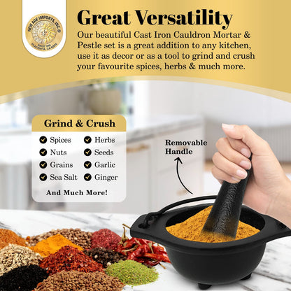 Cast Iron Mortar and Pestle Set in Cauldron Design