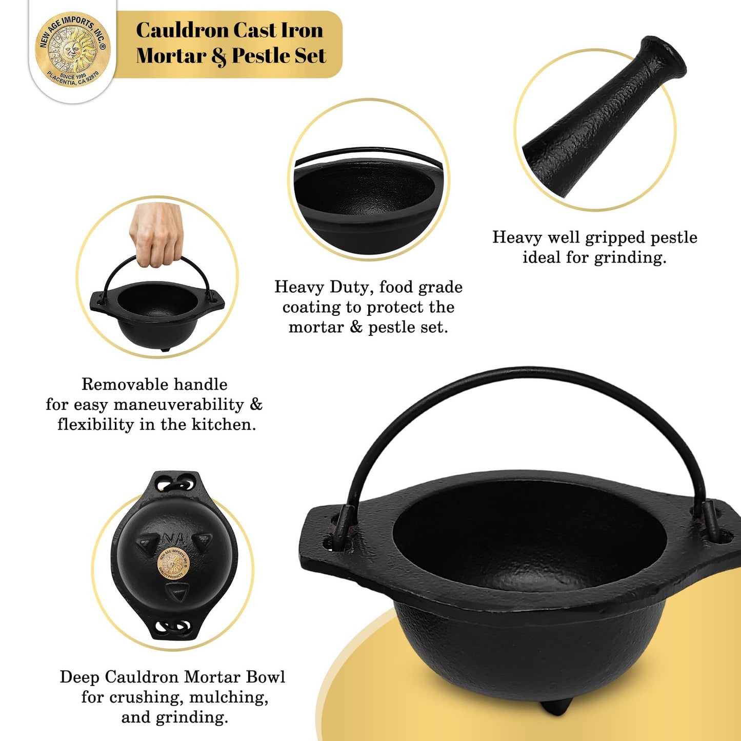Cast Iron Mortar and Pestle Set in Cauldron Design