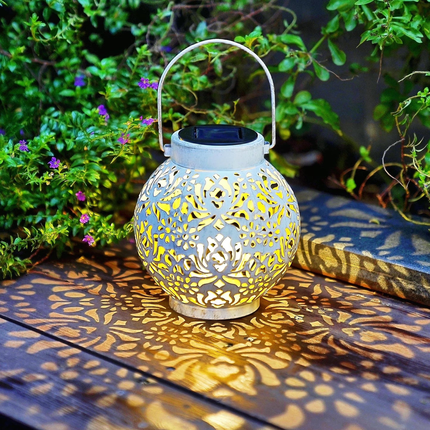 2-Pack Outdoor Solar Hanging Lanterns - Metal LED Decorative Lights for Garden, Patio, Courtyard, Lawn, and Tabletop with Hollowed-Out Design in White.
