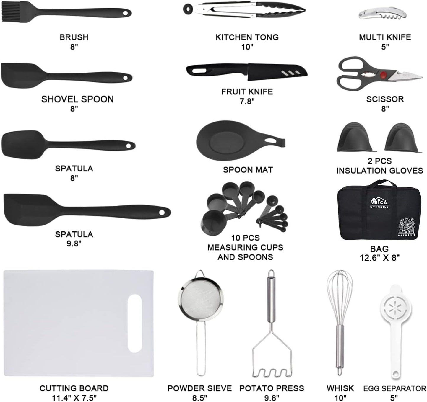 43-Piece Kitchen Utensil Set with Storage Bag - Nylon and Stainless Steel Cooking Tools, Baking Accessories, and Gadgets in Black