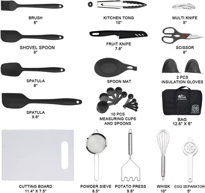 43-Piece Kitchen Utensil Set with Storage Bag - Nylon and Stainless Steel Cooking Tools, Baking Accessories, and Gadgets in Black
