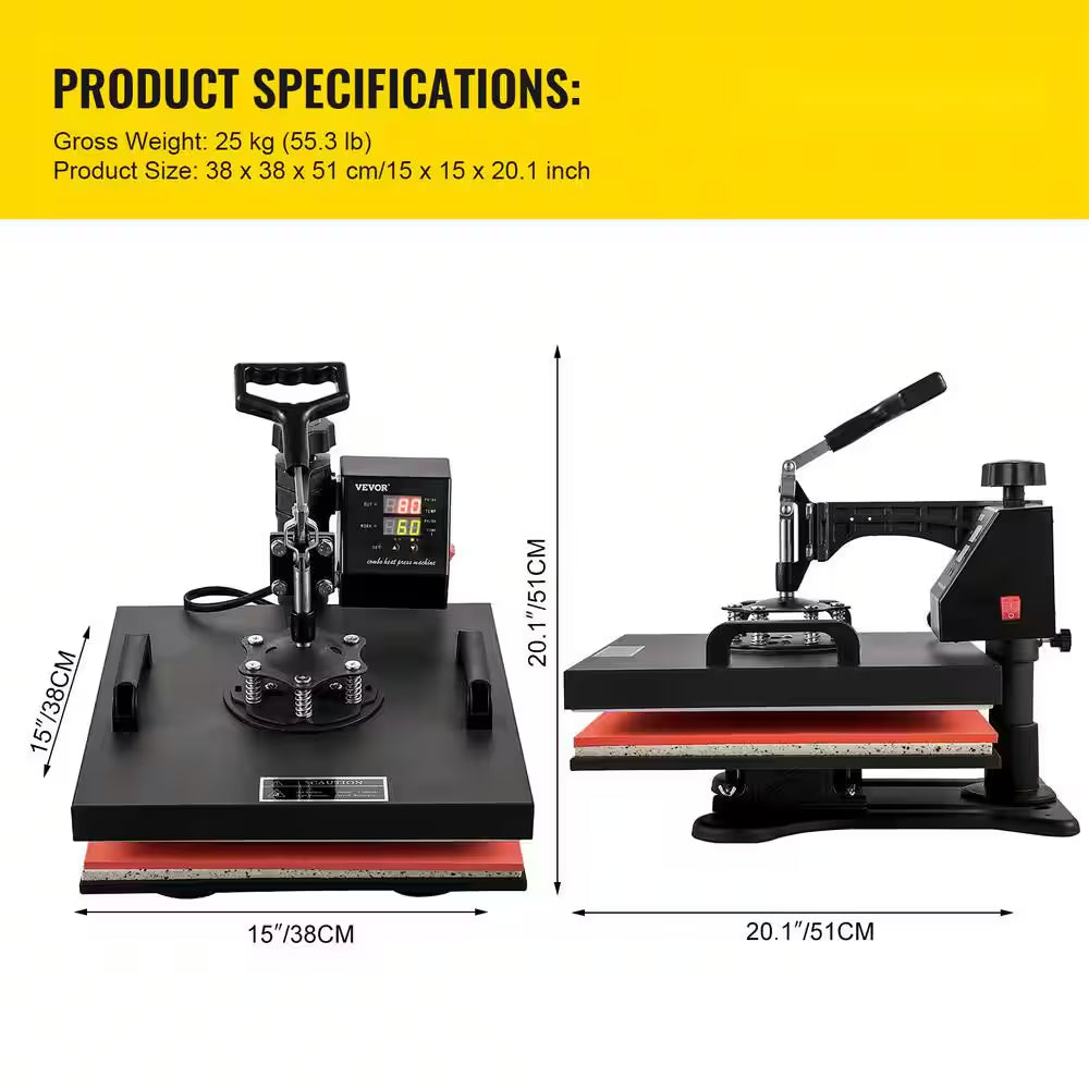15 In. L X 15 In. W Heat Press Machine 8 in 1 Dual LED Display 360° Rotation Swing Away T-Shirt Press Machine, Black
