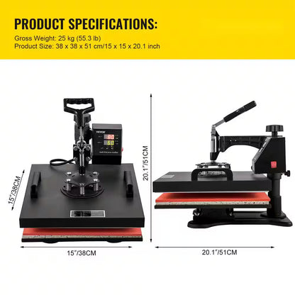 15 In. L X 15 In. W Heat Press Machine 8 in 1 Dual LED Display 360° Rotation Swing Away T-Shirt Press Machine, Black