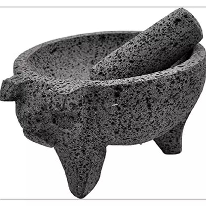 8.6-Inch Artisan Mexican Lava Stone Mortar and Pestle - Perfect for Grinding Herbs and Spices, Featuring a Pig Design