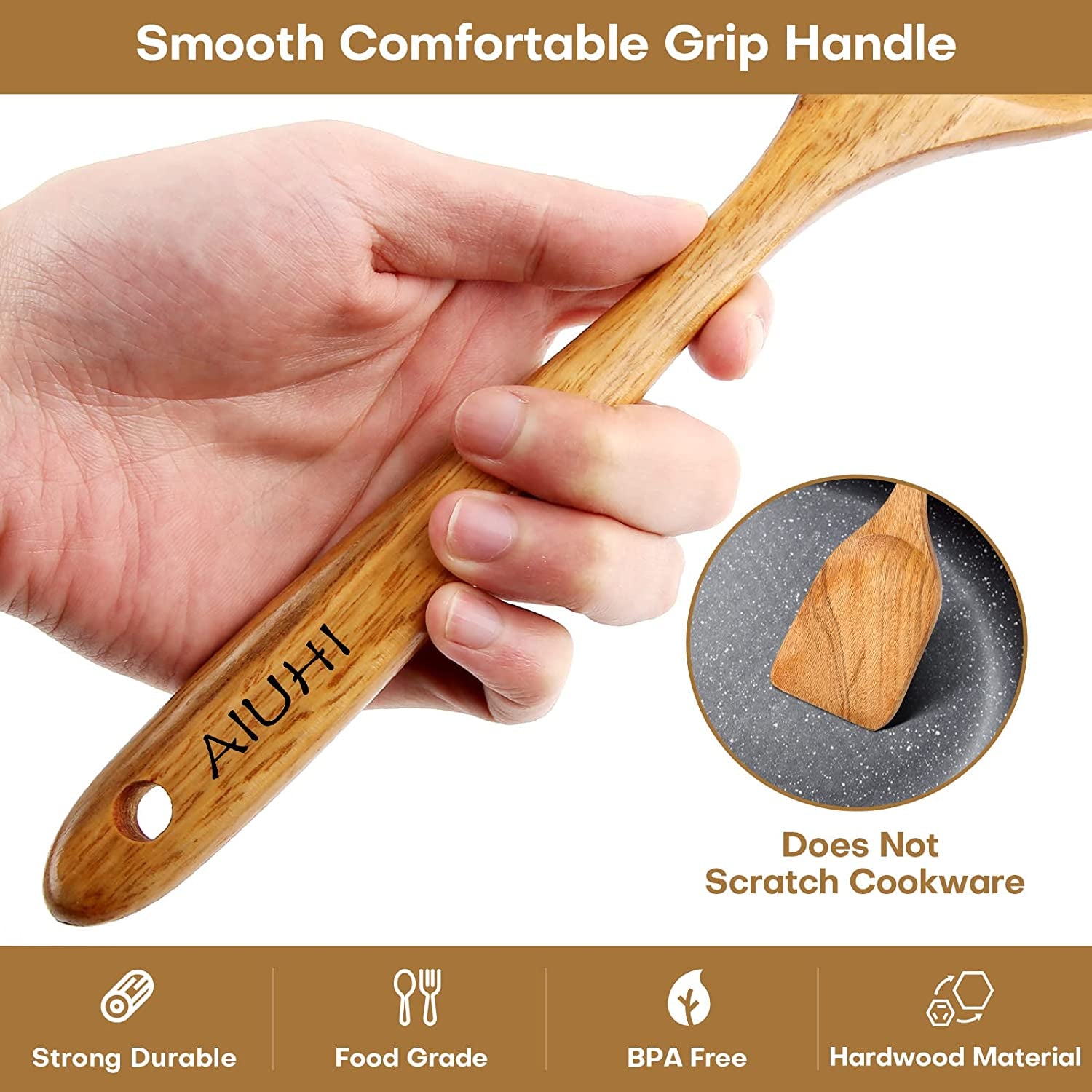Teak Wooden Cooking Utensil Set - 8-Piece Nonstick, Non-Scratch Kitchen Spoons