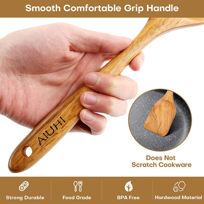 Teak Wooden Cooking Utensil Set - 8-Piece Nonstick, Non-Scratch Kitchen Spoons