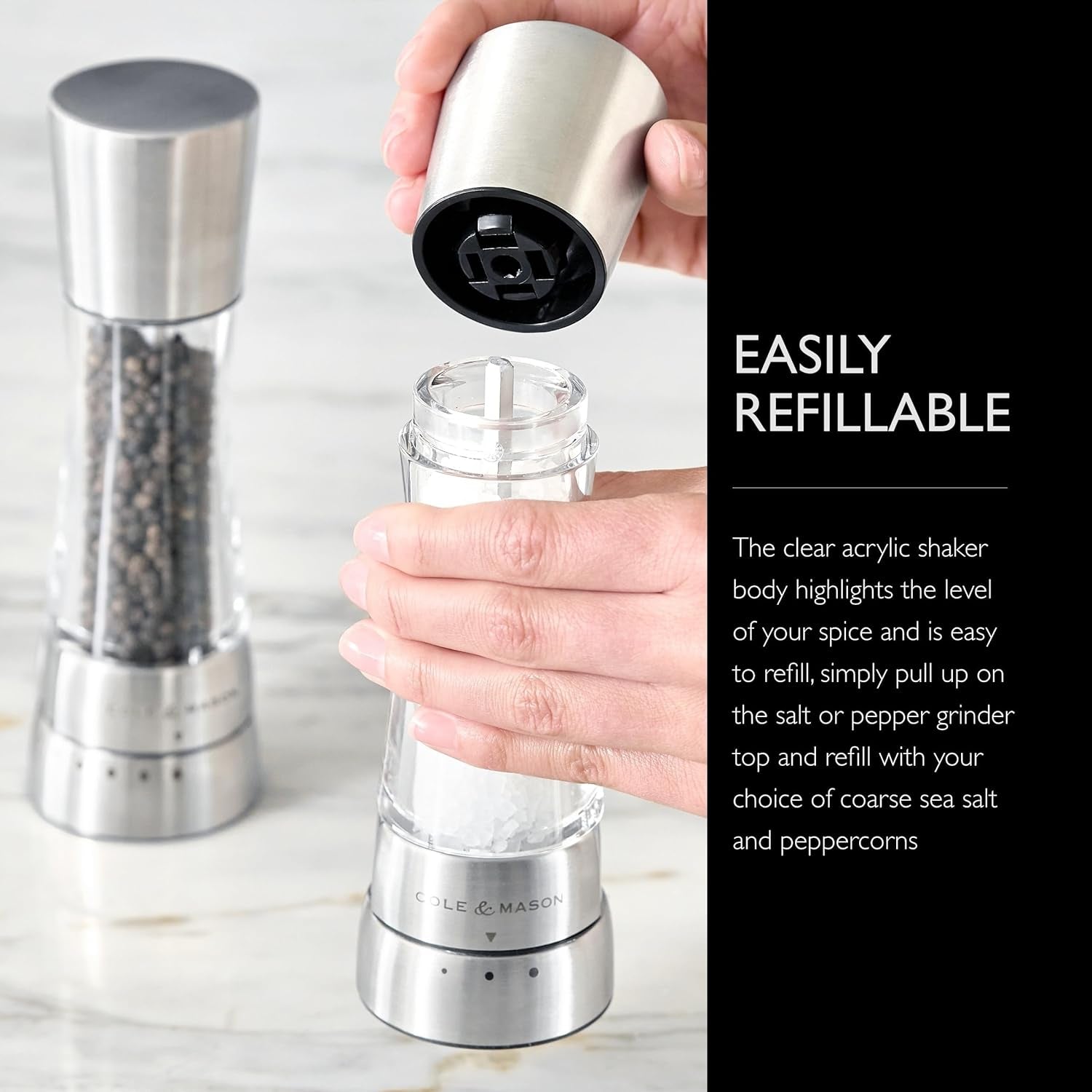 Cole & Mason Derwent Stainless Steel Salt and Pepper Grinder Set with Precision Mechanisms and Premium Sea Salt and Peppercorns