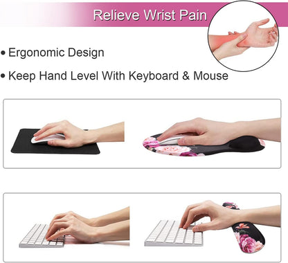 Ergonomic Mouse Pad and Wrist Support Set with Non-Slip Base for Computer and Laptop Use, Featuring Peony Flowers Design, Includes Coasters for Enhanced Comfort and Pain Relief