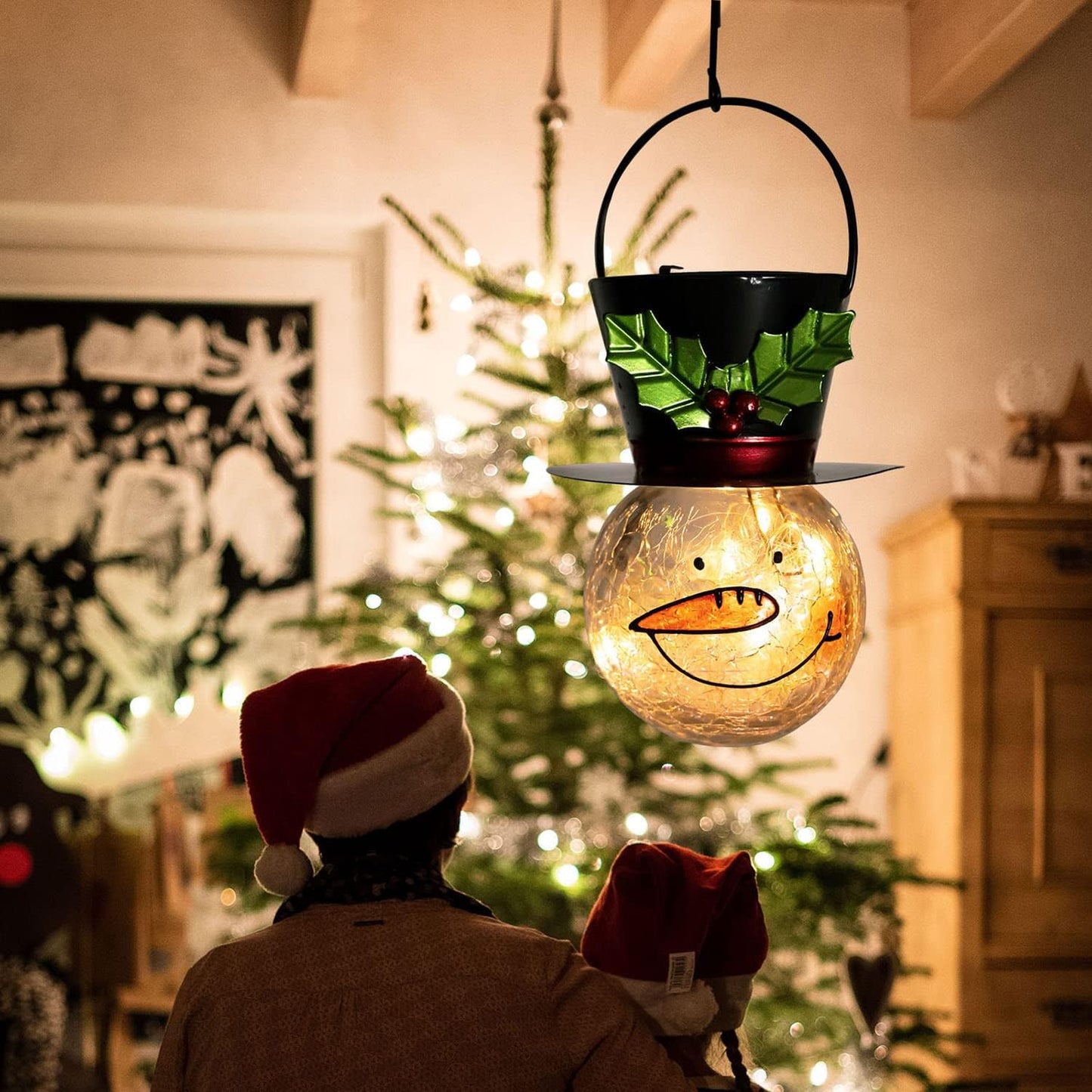 Solar-Powered Snowman Outdoor Lanterns - Elegant Hanging Decorative Lamps for Garden, Patio, and Yard