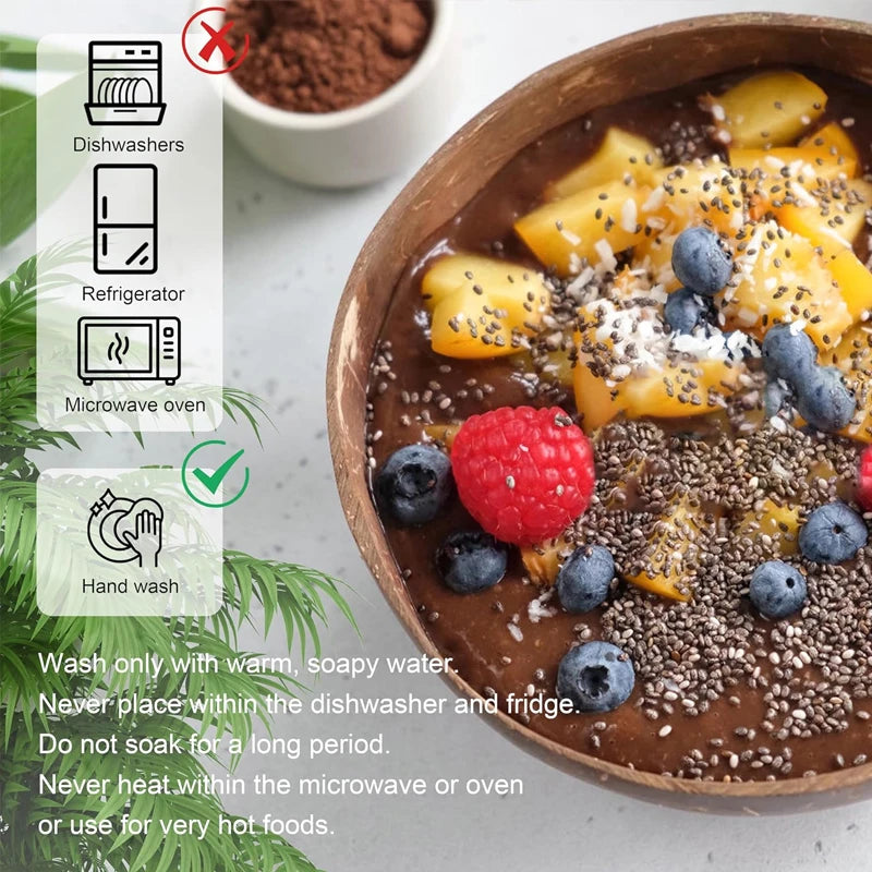 Natural Coconut Bowl Set for Salads and Smoothies with Wooden Ramen Bowls and Spoons - Eco-Friendly Kitchen Tableware
