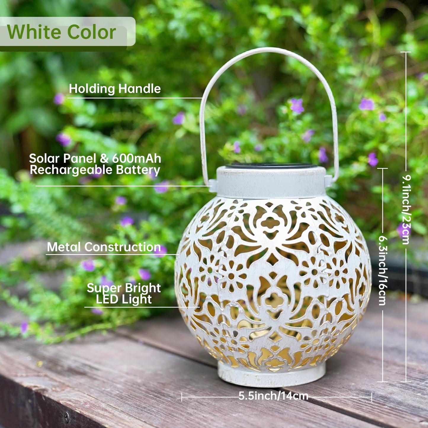 2-Pack Outdoor Solar Hanging Lanterns - Metal LED Decorative Lights for Garden, Patio, Courtyard, Lawn, and Tabletop with Hollowed-Out Design in White.