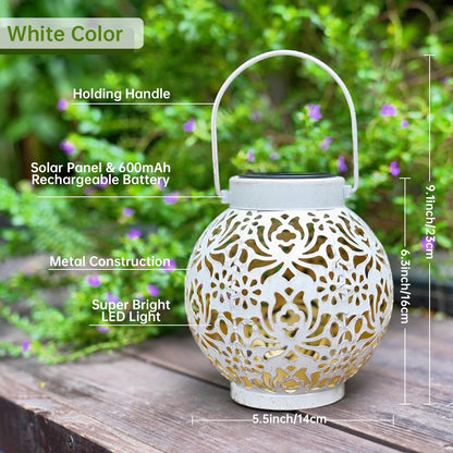 2-Pack Outdoor Solar Hanging Lanterns - Metal LED Decorative Lights for Garden, Patio, Courtyard, Lawn, and Tabletop with Hollowed-Out Design in White.
