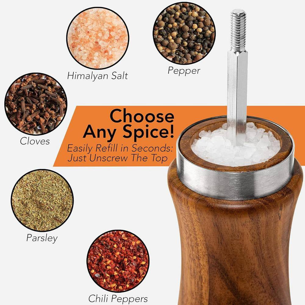 Acacia Wood Salt and Pepper Grinder Set with Adjustable Mills and Ceramic/Stainless Steel Core, 8 Inches