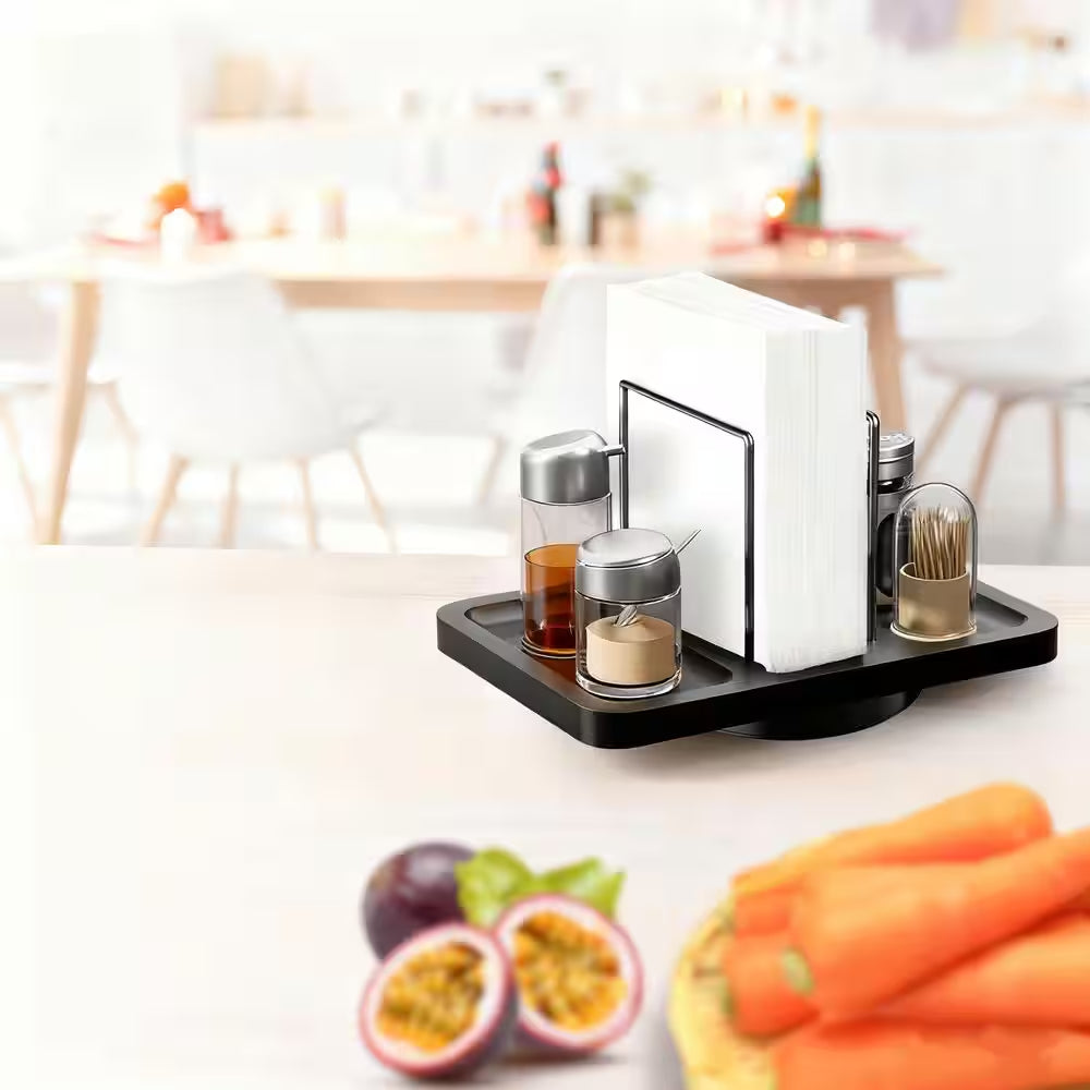 Black Metal Rotating Napkin Holder with Caddy for Salt and Pepper Shakers (Shakers Not Included)