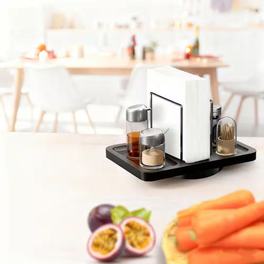 Black Metal Rotating Napkin Holder with Caddy for Salt and Pepper Shakers (Shakers Not Included)