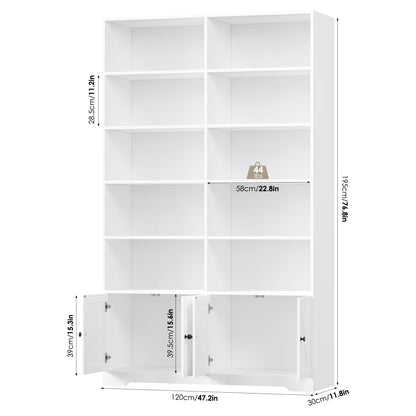 78"H X 47"W Bookcase with Doors, Tall Bookshelves with Storage, 5-Tier Shelves Freestanding Display Bookcase for Home Office and Living Room, White