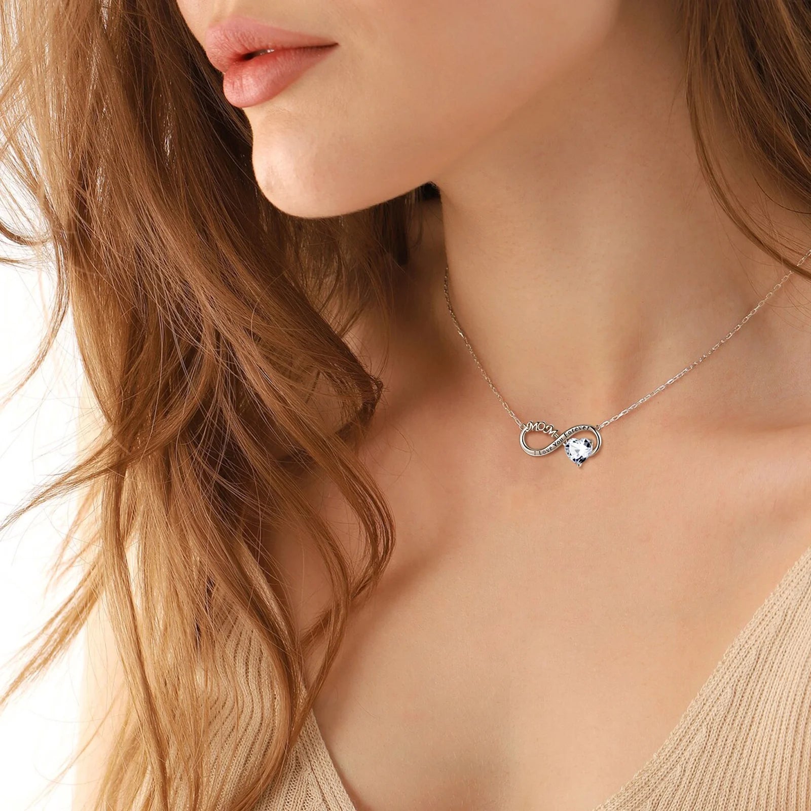 Infinity Heart Necklace for Mom with April Birthstone and White Diamond Pendant, 925 Sterling Silver Jewelry, Birthday Gifts for Women, Mother's Day Gift