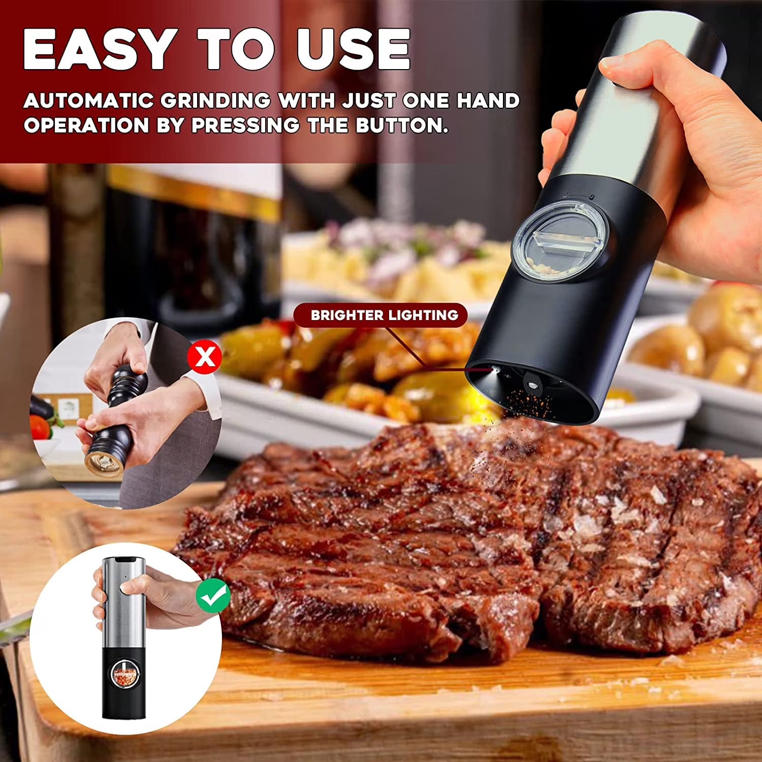 Electric Salt and Pepper Grinder Set - Automatic Rechargeable Spice Mill Shakers with LED Light, Adjustable Coarseness, One-Hand Operation, Stainless Steel Construction