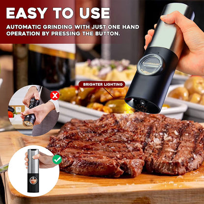 Electric Salt and Pepper Grinder Set - Automatic Rechargeable Spice Mill Shakers with LED Light, Adjustable Coarseness, One-Hand Operation, Stainless Steel Construction