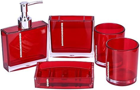Bathroom Accessories Set, 5-Piece Plastic Gift Set, Toothbrush Holder, Toothbrush Cup, Soap Dispenser, Soap Dish, Toilet Brush Holder, Trash Can