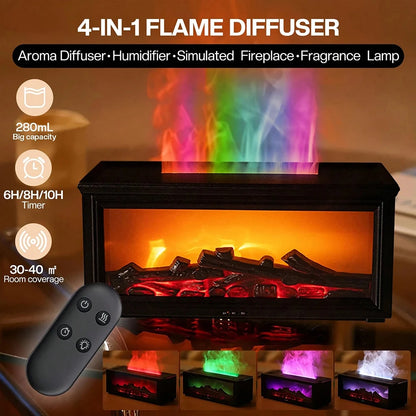 Essential Oil Diffuser with Fireplace Flame Effect - Aromatherapy Humidifier with 7 Color Options, 280ml Capacity, Whisper-Quiet Operation