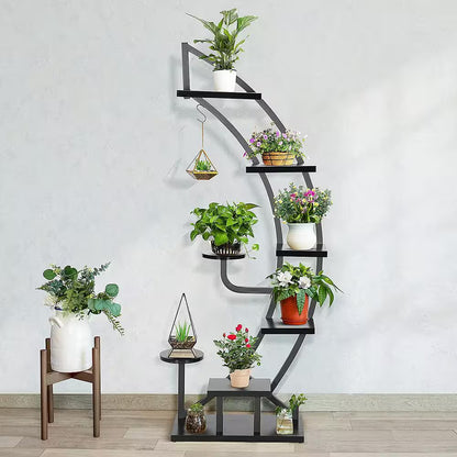 6-Tier 9 Potted Steel-Wood Curved Plant Stand with Hanger in Black