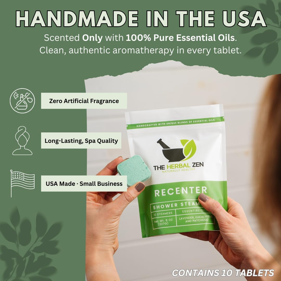 Recenter Aromatherapy Shower Steamers for Relaxation - Made in the USA - Lavender & Eucalyptus Shower Bomb Tablets - Soothing Natural Essential Oils (10 Pack) - Ideal Mother's Day Gift