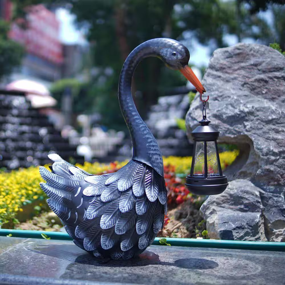 17-Inch Black Metal Solar Swan Garden Statue - Elegant Outdoor Bird Decor for Lawn, Patio, and Poolside