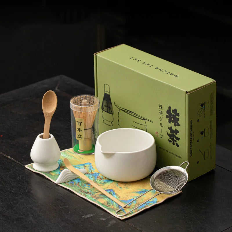 8PCS Matcha Whisk Set Bamboo Tea Brush Ceramic Japanese Exquisite Matcha Bowl Box with Whisk Sumptuous for Tea Lovers Tools