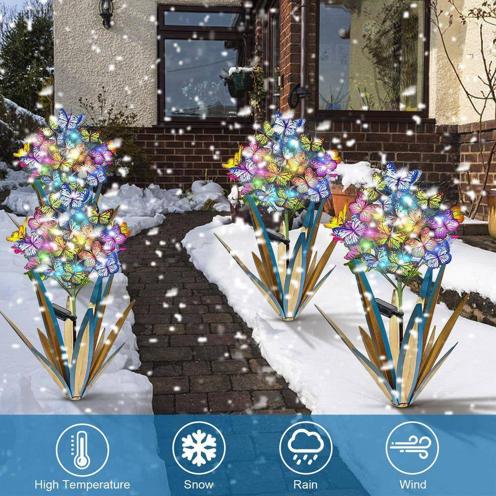 Solar Metal Agave Butterfly Garden Sculpture Set (3 Blue Pieces)