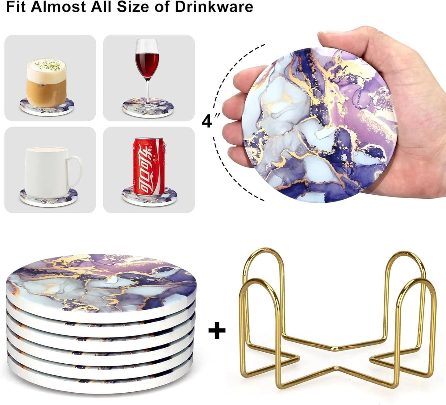 Purple Agate Coaster Set with Holder - Modern Marble Coasters, Set of 6