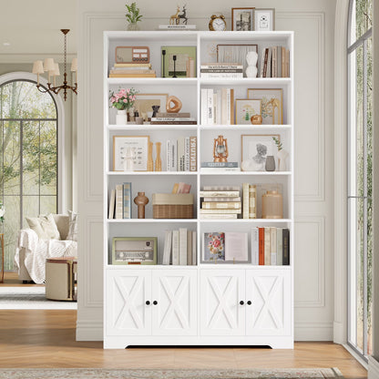 78"H X 47"W Bookcase with Doors, Tall Bookshelves with Storage, 5-Tier Shelves Freestanding Display Bookcase for Home Office and Living Room, White