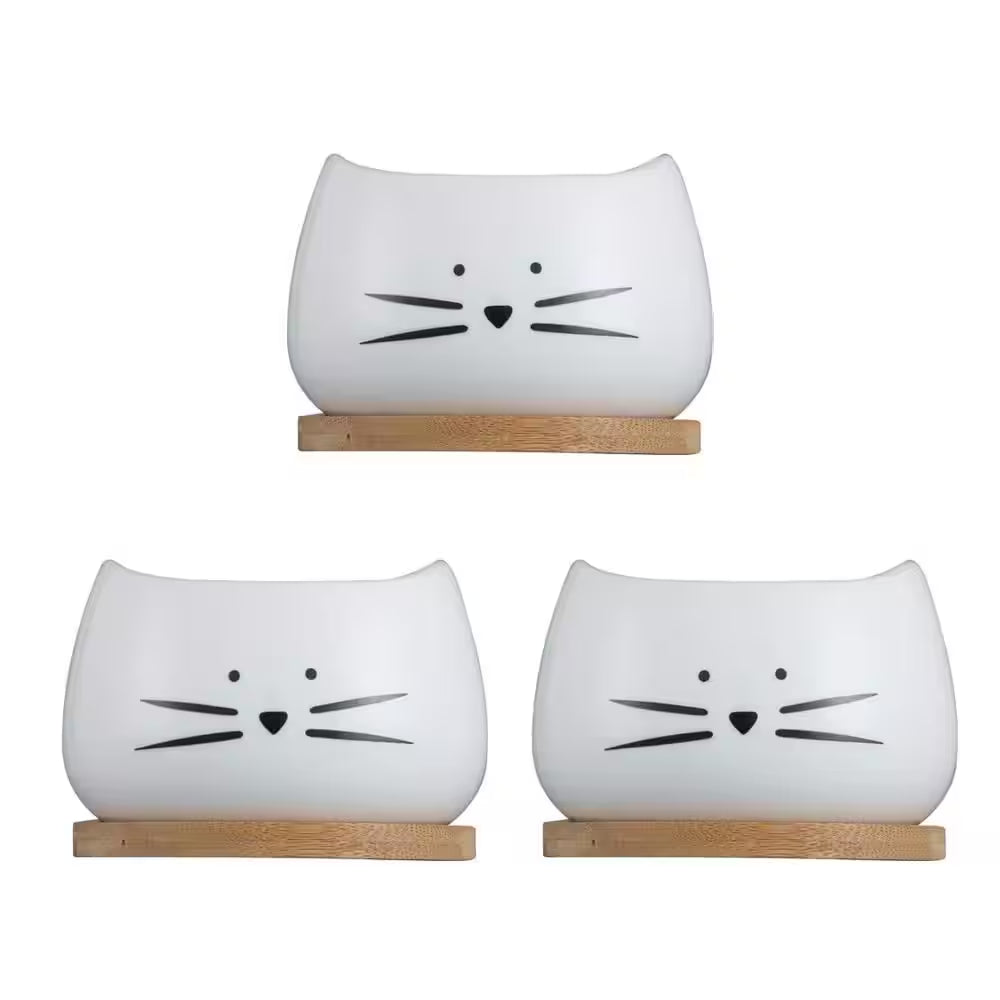 Set of 3 White Ceramic Cat Succulent Window Boxes for Indoor and Outdoor Use, 3.2" L x 3.2" W x 2.66" H