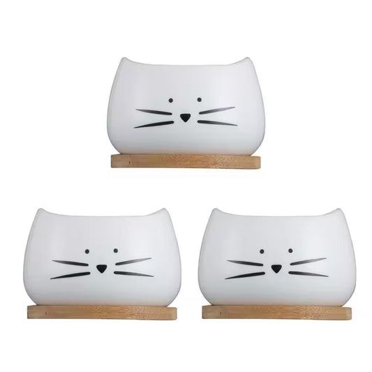 Set of 3 White Ceramic Cat Succulent Window Boxes for Indoor and Outdoor Use, 3.2" L x 3.2" W x 2.66" H